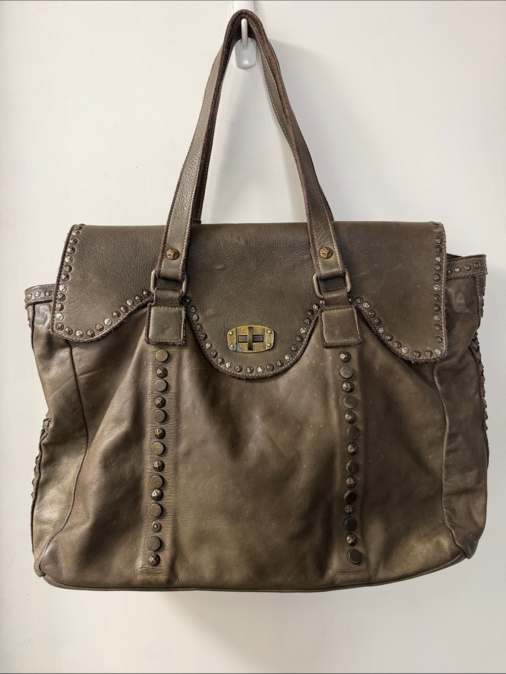 Stud-Trim Leather Tote in Taupe